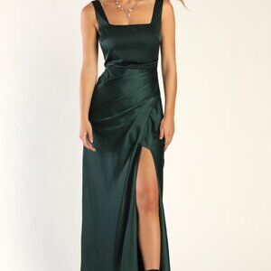 Red Carpet Romance Emerald Green Satin Square Neck Maxi Dress